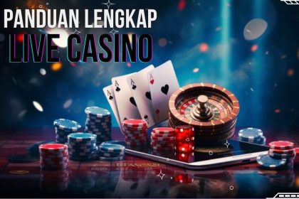 Seorang dealer profesional memimpin permainan di sebuah meja live casino online yang disiarkan secara streaming.